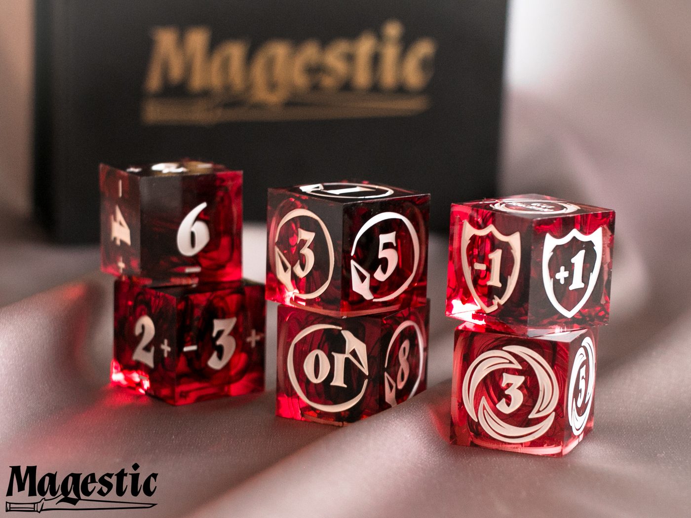 FaB Dice Play-Set by Magestic — resin dice with resource, damage, and armour symbols for Flesh and Blood TCG